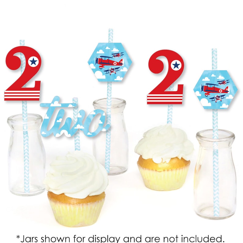 Airplane Die-Cut Straw Decorations Vintage Plane Second Birthday Paper Cut-Outs /& Striped Paper Straws 24 Ct 2nd Birthday Taking Flight