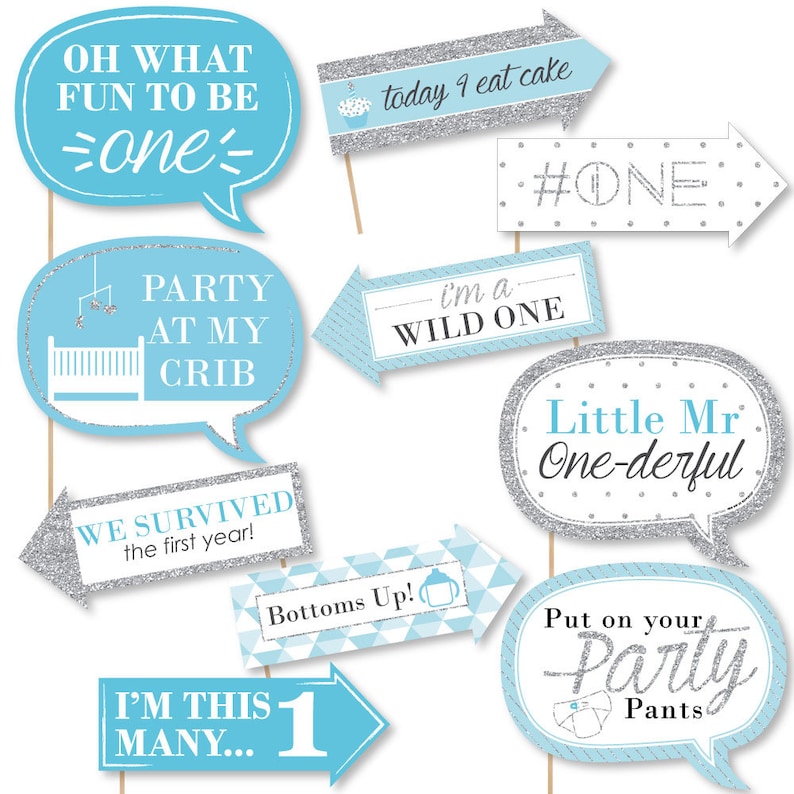 First Birthday Party Photo Booth Prop Kit 10 Photo Props /& Dowels 1st Birthday Boy Funny Fun to be One Photo Booth Props