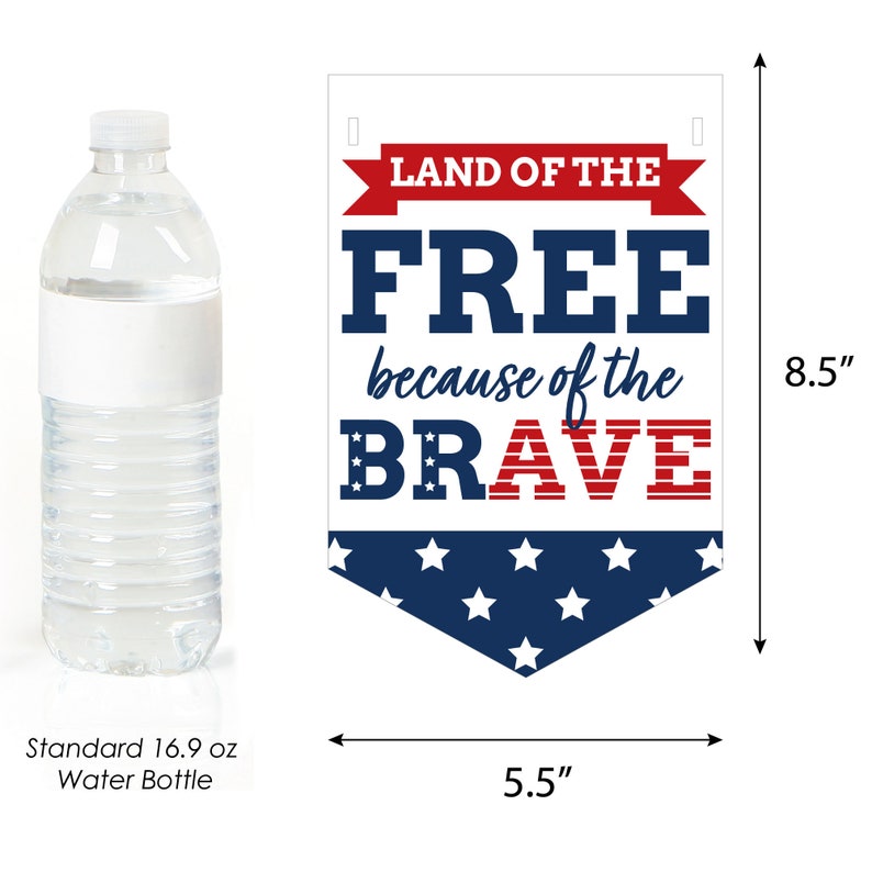 May include: Land of the Free because of the Brave patriotic banner with red, white, and blue stars and stripes. The banner is 8.5 inches tall and 5.5 inches wide.