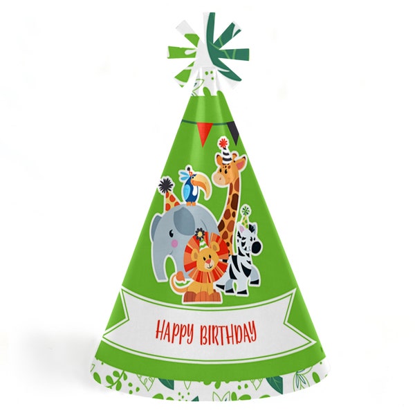 Jungle Party Animals - Cone Happy Birthday Party Hats for Kids and Adults - Set of 8 (Standard Size)