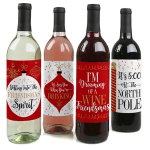 Red and Gold Friendsmas - Wine Bottle Labels - Friends Christmas Party - Cocktail Party Gifts for Men and Women - Set of 4 Sticker Labels