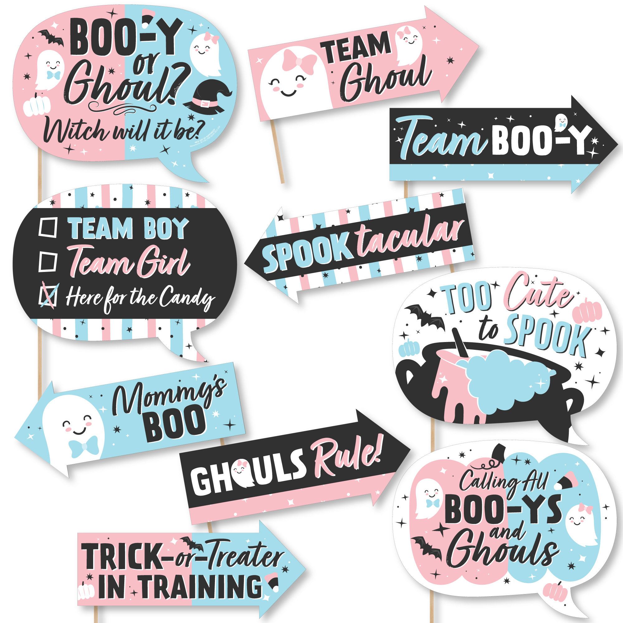 Funny Booy or Ghoul Halloween Gender Reveal Party Photo Booth Props Kit 10 Piece