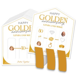 May include: A stack of golden anniversary cards with the text "HAPPY GOLDEN anniversary LINDA AND MIKE". Each card has a white background with gold accents and a photo of a couple. The cards also have the number "50" and the words "Better Together".