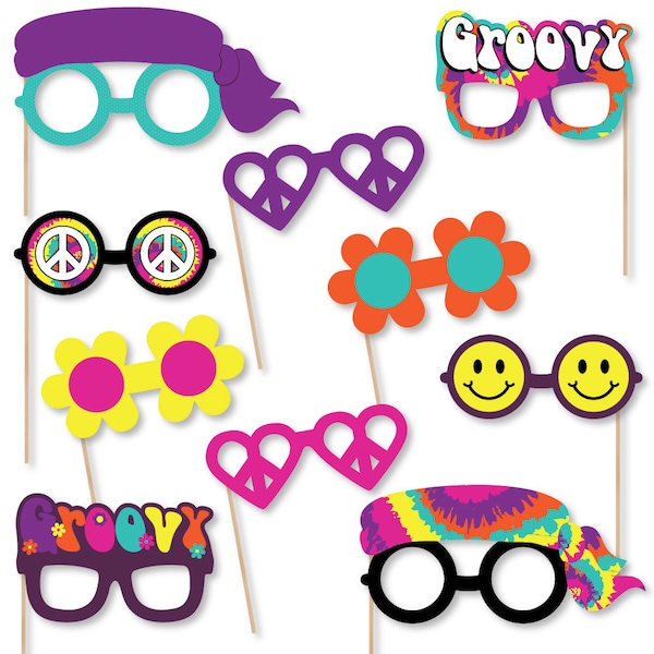 60's Hippie - Photo Booth Accessories - Fun Selfie 1960's Groovy Decade Party Card Stock Paper Props Glasses - I Love The 60's Props - 10 Pc