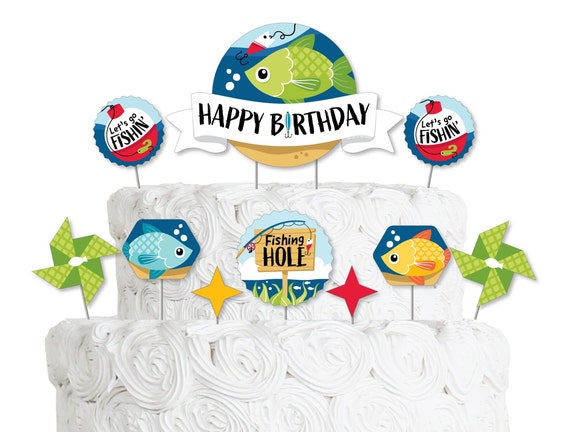 Let's Go Fishing - Fish Themed Birthday Party Cake Decorating Kit - Happy  Birthday Cake Topper Set - 11 Pieces by Big Dot of Happiness