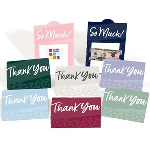 May include: Set of eight thank you cards with a variety of colors and patterns. The cards feature the text "Thank You" in white script and "So Much!" in white script on a pink background.