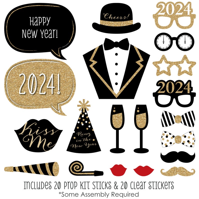 New Year's Eve Gold 2024 New Year's Eve Party Photo Booth Props Kit 20 Count image 3