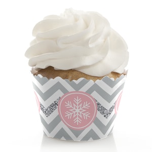 Pink Winter Wonderland Cupcake Wrappers - Cupcake Decorations - Holiday Snowflake Party & Winter Wedding Party Cupcake Supplies - Set of 12
