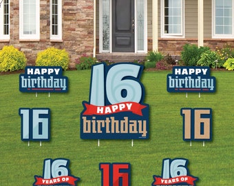 Boy 16th Birthday - Yard Sign and Outdoor Lawn Decorations - Sweet Sixteen Birthday Party Yard Signs - Set of 8
