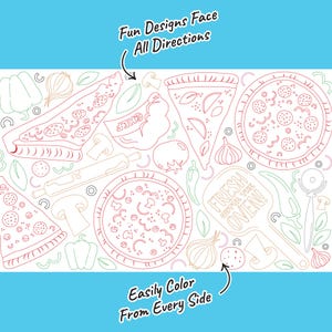 Puede incluir: Ilustraci&oacute;n lineal de porciones de pizza, pizzas enteras y herramientas para hacer pizza, con el texto "Fun Designs Face All Directions" y "Easily Color From Every Side". La imagen presenta un fondo azul.