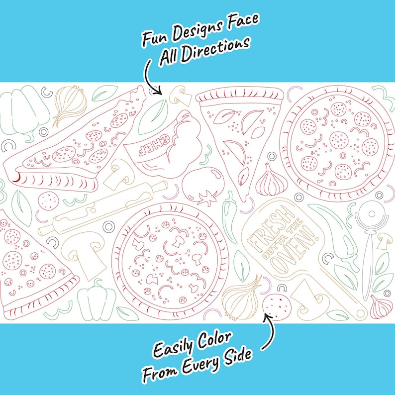 Puede incluir: Ilustraci&oacute;n lineal de porciones de pizza, pizzas enteras y herramientas para hacer pizza, con el texto "Fun Designs Face All Directions" y "Easily Color From Every Side". La imagen presenta un fondo azul.