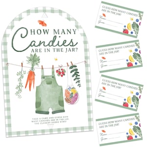 May include: A game sign and four matching cards with a green gingham border. The sign reads "HOW MANY Candies ARE IN THE JAR?" and features illustrations of a carrot, overalls, strawberries, and a mesh bag. The cards include lines for name and guess.