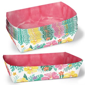 May include: A stack of rectangular baking pans with a tropical floral design. The pans have a white exterior with colorful hibiscus flowers, yellow flowers, and green leaves. The interior is a solid pink color.