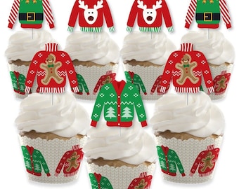 Ugly Sweater - Cupcake Decoration - Holiday and Christmas Party Cupcake Wrappers and Treat Picks Kit - Set of 24