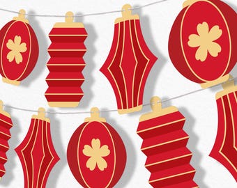 Lunar New Year Lantern Garland Banner, Chinese New Year Party Decorations, Lunar New Year Lantern Banner, 15 Feet of Cord, 15 Lantern Shapes