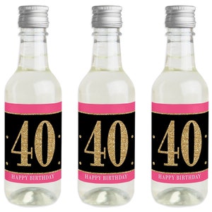 Chic 40th Birthday - Pink, Black and Gold - Mini Wine and Champagne Bottle Label Stickers - Gift for Women and Men  - 16 Ct.