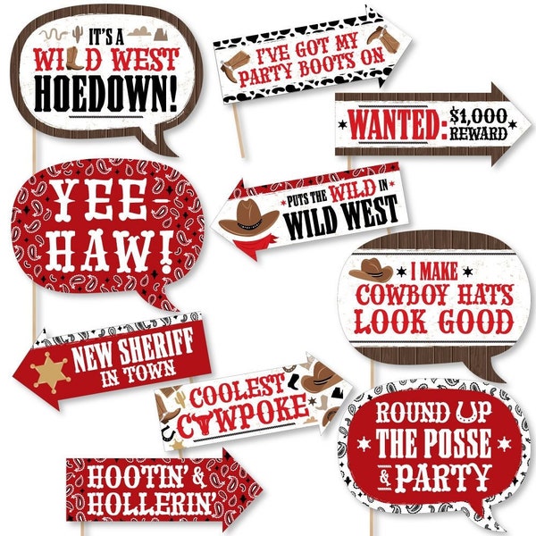 Funny Western Hoedown - Wild West Cowboy Party Photo Booth Props Kit - 10 Piece