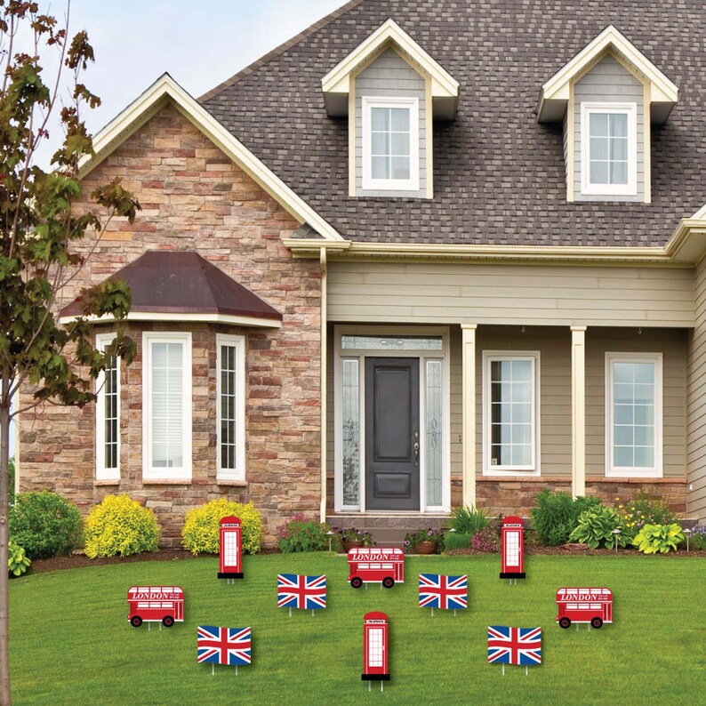 Cheerio, London Union Jack Flag, Double-Decker Bus & Red Telephone Booth Lawn Decorations Outdoor British UK Party Yard Decor 10 Piece image 2