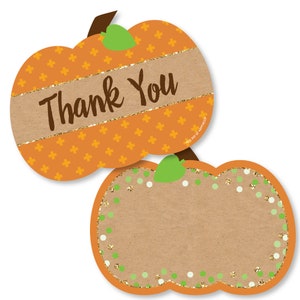May include: Two orange and brown pumpkin shaped thank you tags with gold glitter accents. The top tag has a brown banner with the text "Thank You". The bottom tag has a brown background with white and green polka dots.