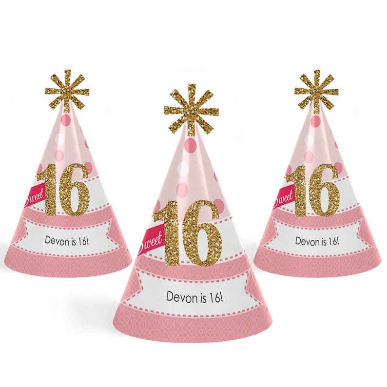 Set of 8 Cone Happy Birthday Party Hats for Kids and Adults Sweet 16 Birthday Party Hats Standard Size