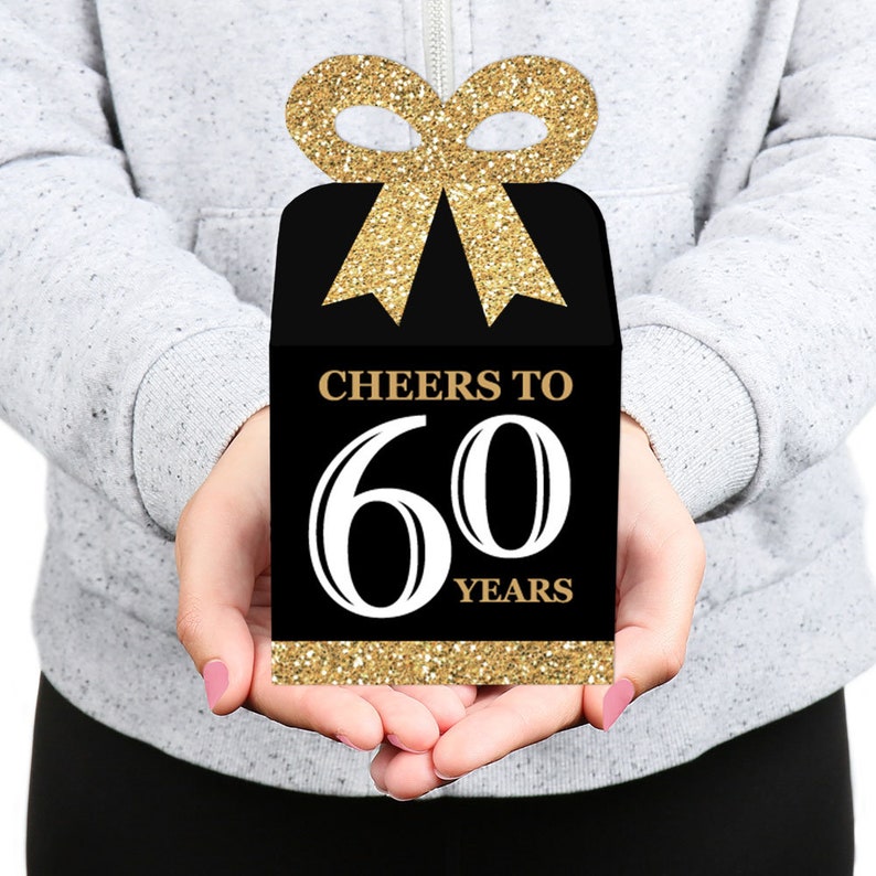 Adult 60th Birthday Gold Square Favor Gift Boxes Birthday Party Bow Boxes Set of 12 image 7