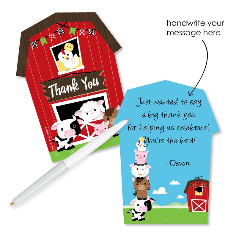 Set of 12 Farm Animals Barnyard Baby Shower or Birthday Party Thank You Note Cards with Envelopes Shaped Thank You Cards