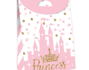 Little Princess Crown - Pink and Gold Princess Baby Shower or Birthday Gift Favor Bags - Party Goodie Boxes - Set of 12
