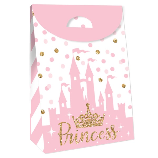 Little Princess Crown - Pink and Gold Princess Baby Shower or Birthday Gift Favor Bags - Party Goodie Boxes - Set of 12