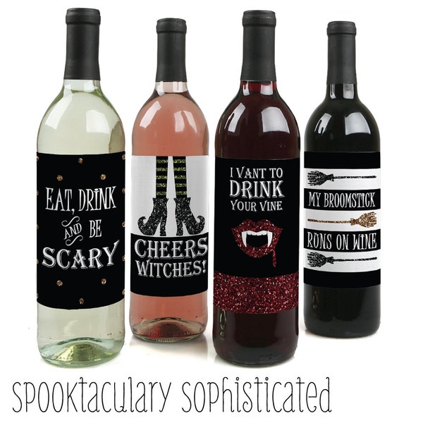 Spooktacular – Eat, Drink and Be Scary Halloween Party - Wine Bottle Labels for Adult Halloween Parties - Gifts for Women and Men  - 4 Ct