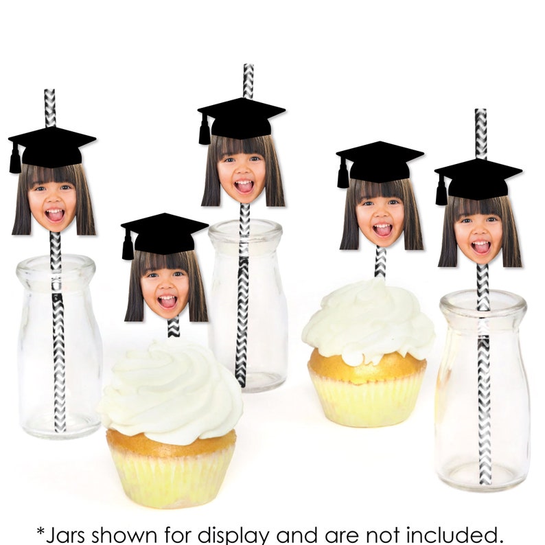 Grad Cap Fun Face Cutout Paper Straw Decor Custom Graduation Photo Head Cut Out Striped Decorative Straws Upload 1 Photo Set of 24 image 5