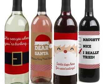 Funny Jolly Santa Claus - Holiday Wine Bottle Labels for Christmas Parties - Gifts for Women and Men - Set of 4 Sticker Labels