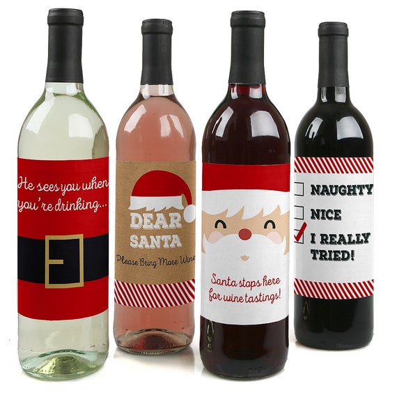 Funny Jolly Santa Claus - Holiday Wine Bottle Labels for Christmas Parties - Gifts for Women and Men - Set of 4 Sticker Labels Il_570xn