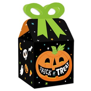 May include: Black and orange Halloween treat box with a green bow. The box features a smiling pumpkin with the text "Trick or Treat".