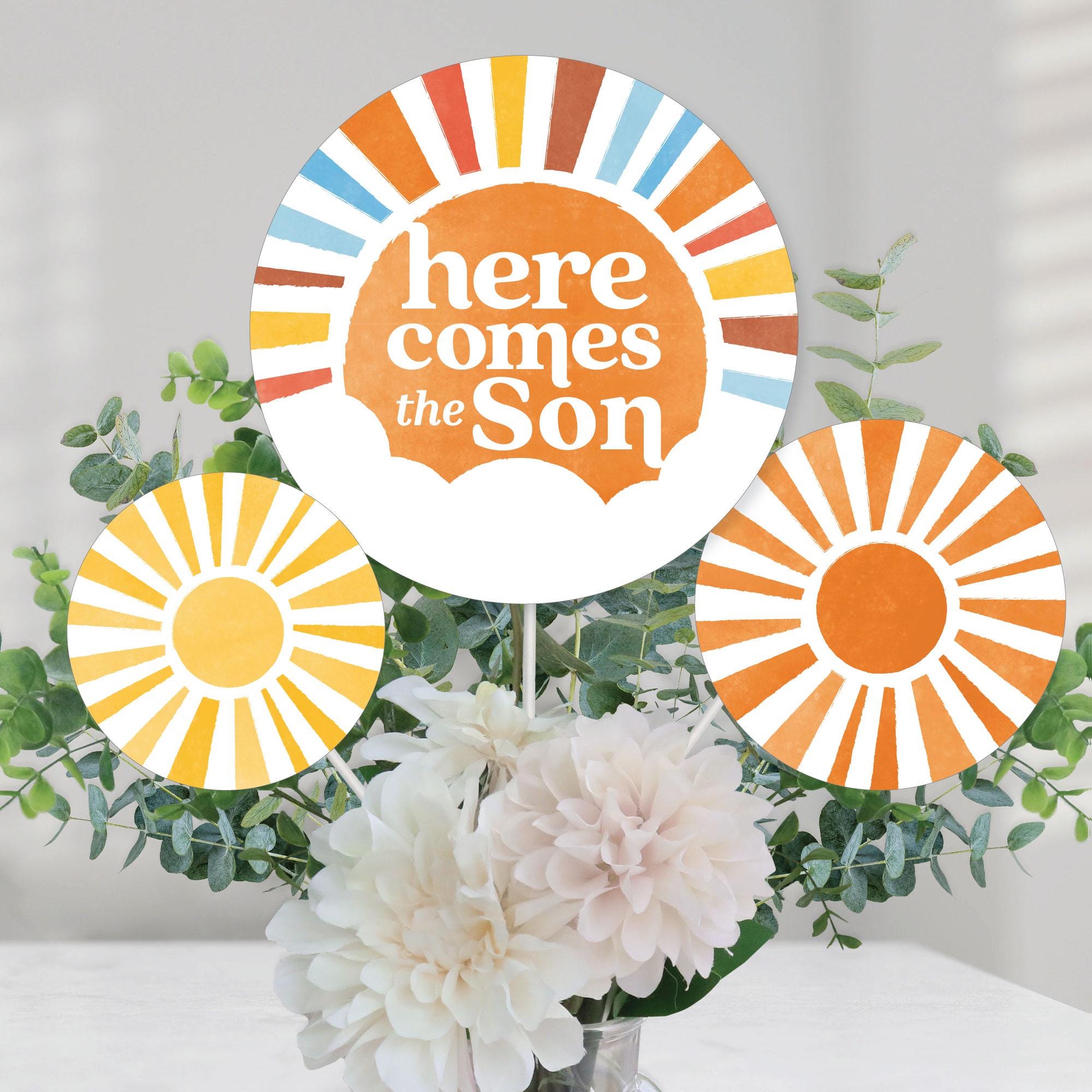 Here Comes The Son Centerpiece Sticks, Boy Boho Baby Shower Table Topper Decorations - Set of 15