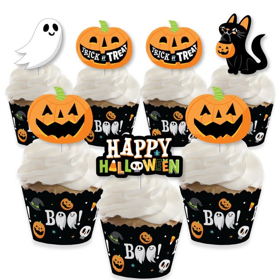 Jack-O'-Lantern Halloween - Cupcake Decoration - Kids Halloween Party Cupcake Wrappers and Treat Picks Kit - Set of 24 Il_570xn