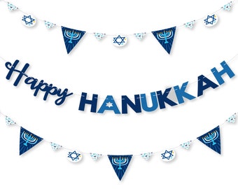 Hanukkah Menorah - Chanukah Holiday Party Letter Banner Decoration - 36 Banner Cutouts and Happy Hanukkah Banner Letters