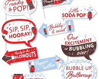 Funny She's Ready to Pop Photo Booth Props Kit, Baby Shower-Themed Sayings, Retro Soda Party Decoration Supplies - 10 Ct Selfie Prop Sticks