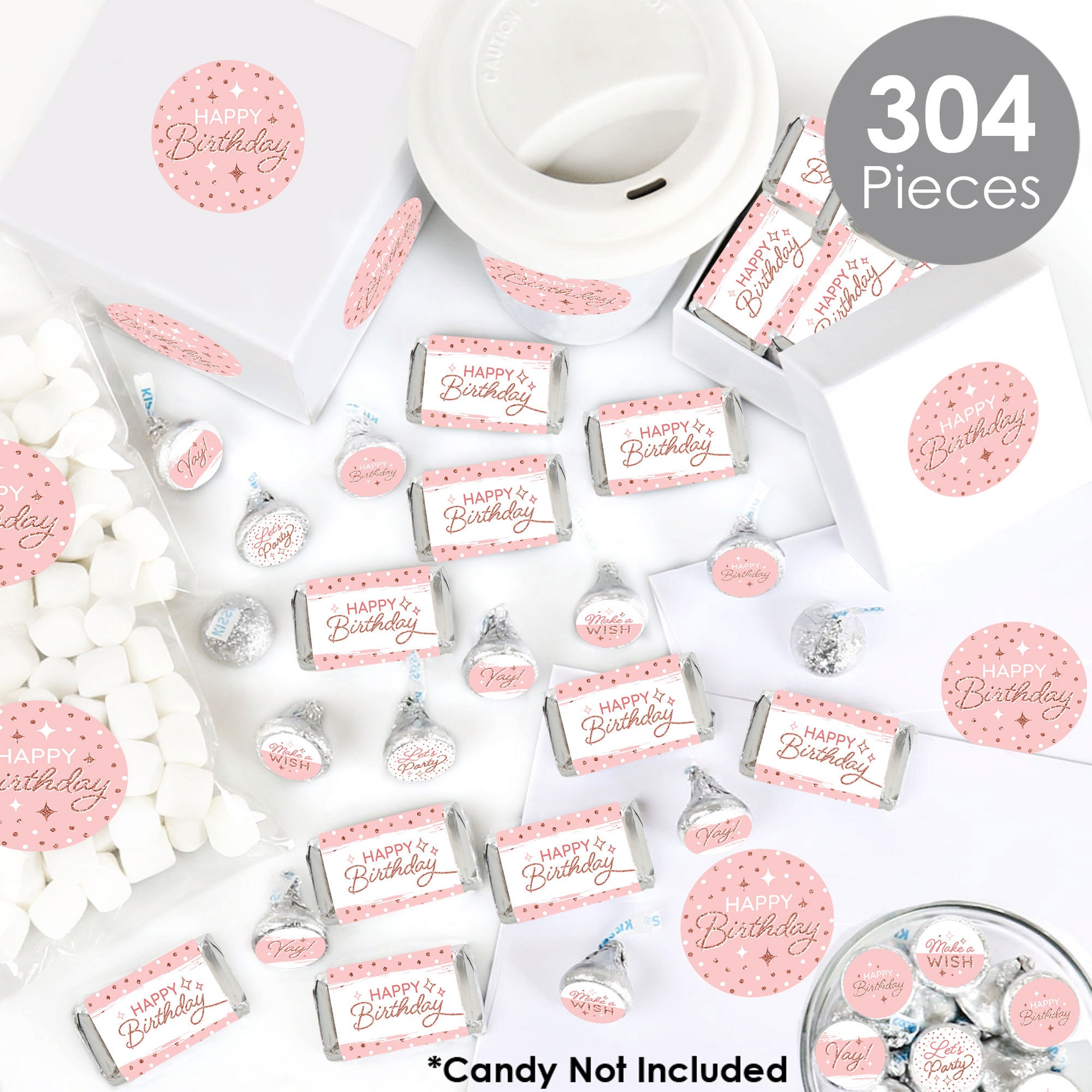 Pink Rose Gold Birthday - Mini Candy Bar Wrappers, Round Candy and ...