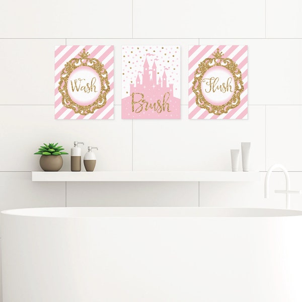 Little Princess Crown - Unframed Wash, Brush, Flush - Pink and Gold Princess Bathroom Wall Art - 8 x 10 inches - Set of 3 Prints