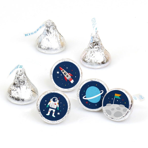 Blast Off to Outer Space - Rocket Ship Baby Shower or Birthday Party Round Candy Sticker Favors -Labels Fit Chocolate Candy (1 sheet of 108)