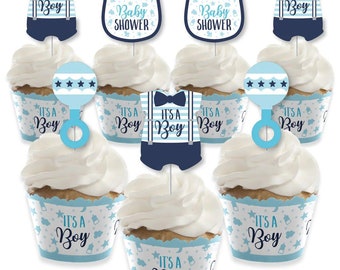 It’s a Boy - Cupcake Decoration - Blue Baby Shower Cupcake Wrappers and Treat Picks Kit - Set of 24