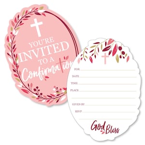 May include: Pink and white oval-shaped confirmation invitation with a floral wreath, cross, and the text "You're Invited to a Confirmation". The back of the invitation has a floral wreath, cross, and the text "God Bless".