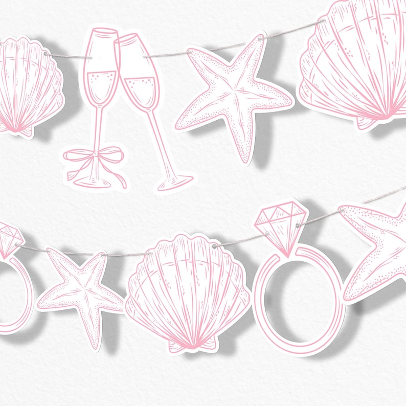 Last Toast on the Coast Banner, Beach Bridal or Bachelorette Party Decor, 30 Feet of Cord, 15 Double-Sided Bridal Shaped Pieces Pink