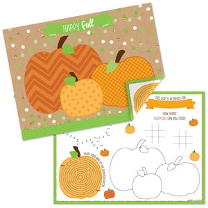 May include: A set of printable placemats with a fall theme. The placemats feature a pumpkin design with the words "Happy Fall" at the top. The placemats also include a maze, a "how many pumpkins can you find?" game, and a space to write "This seat is reserved for:".