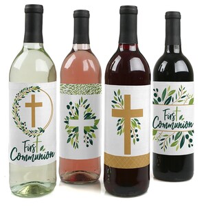 May include: Four wine bottles with labels for a First Communion celebration. The labels feature a gold cross with green leaves and the text "First Communion".