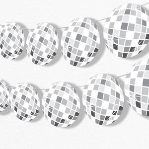 Disco Ball Garland Banner, 1970s Groovy Hippie Party Decorations, Retro Party Banner, 30 Feet of Cord, 15 Double-Sided Silver Disco Balls