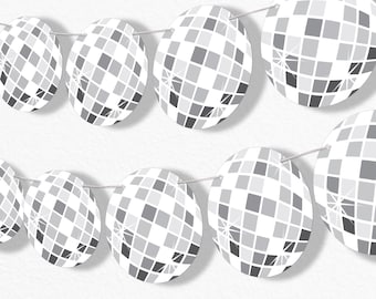 Disco Ball Garland Banner, 1970s Groovy Hippie Party Decorations, Retro Party Banner, 30 Feet of Cord, 15 Double-Sided Silver Disco Balls