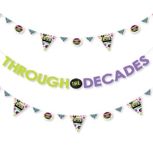Through the Decades - 50s, 60s, 70s, 80s, and 90s Party Letter Banner Decoration - 36 Banner Cutouts and Through the Decades Banner Letters