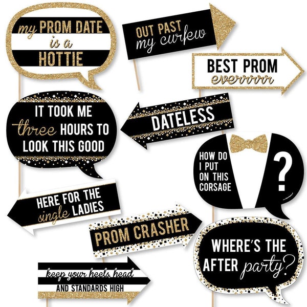 Funny Prom Photo Booth Props - Prom Party Photo Booth Prop Kit - Prom Night Selfie Props - High School Dance Photo Props - 10 pc.