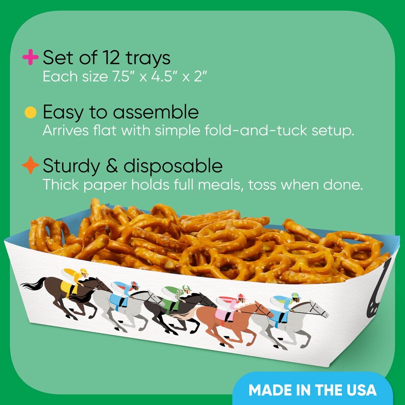 May include: A set of 12 disposable paper trays, each measuring 19cm x 11cm x 5cm, filled with pretzels. The trays feature a racing horse design and are easy to assemble. The text "MADE IN THE USA" is visible.